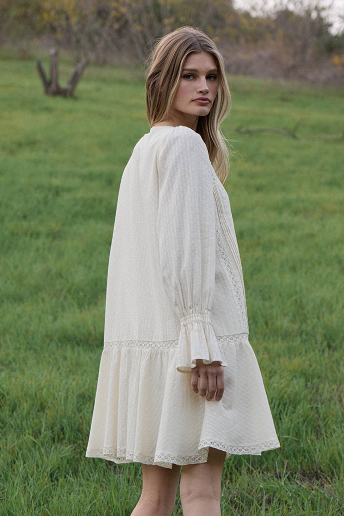 Lace Pintuck Tiered Tunic Dress