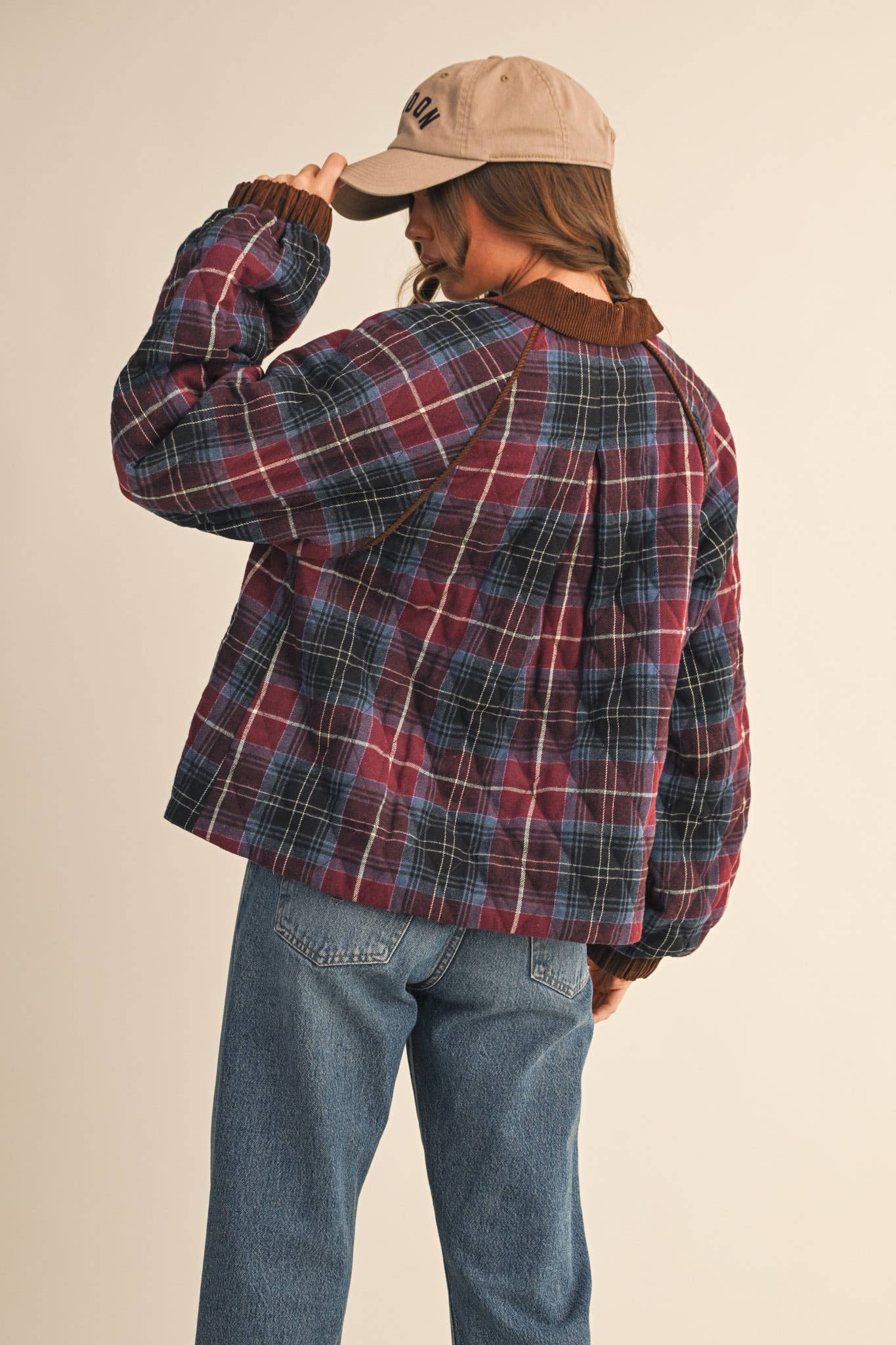 Plaid Quilted Jacket with Corduroy Detail