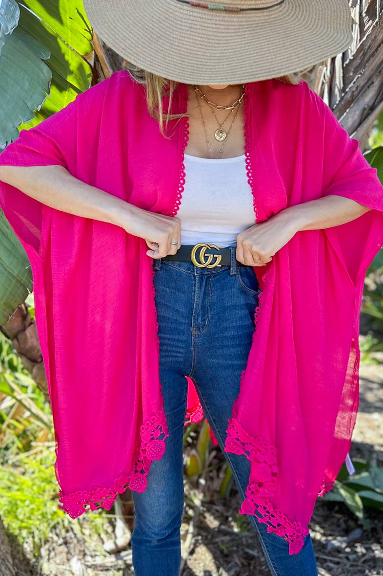 Fuchsia Lace Trim Kimono Cover Up