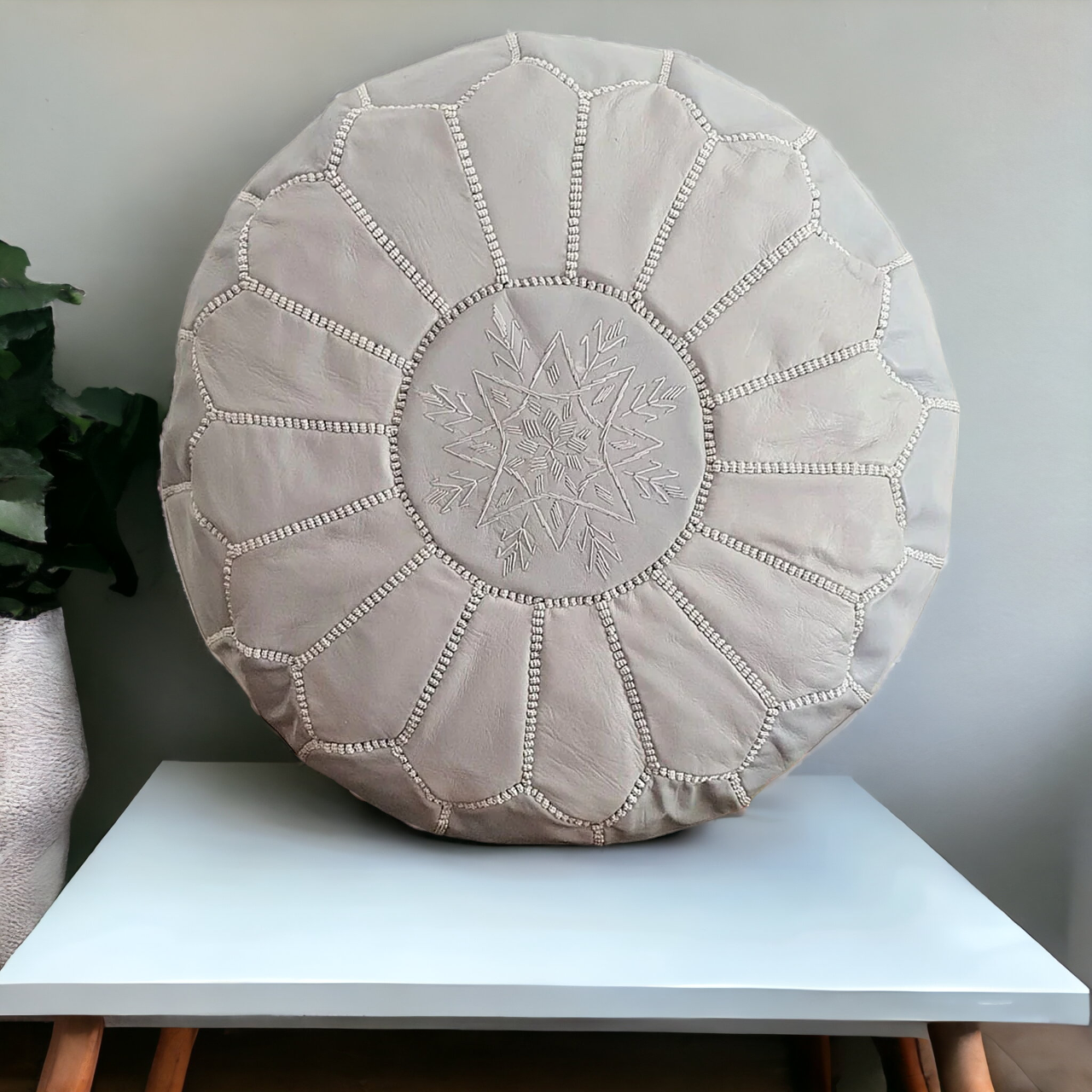 Handcrafted Grey Moroccan Leather Pouf Unfilled