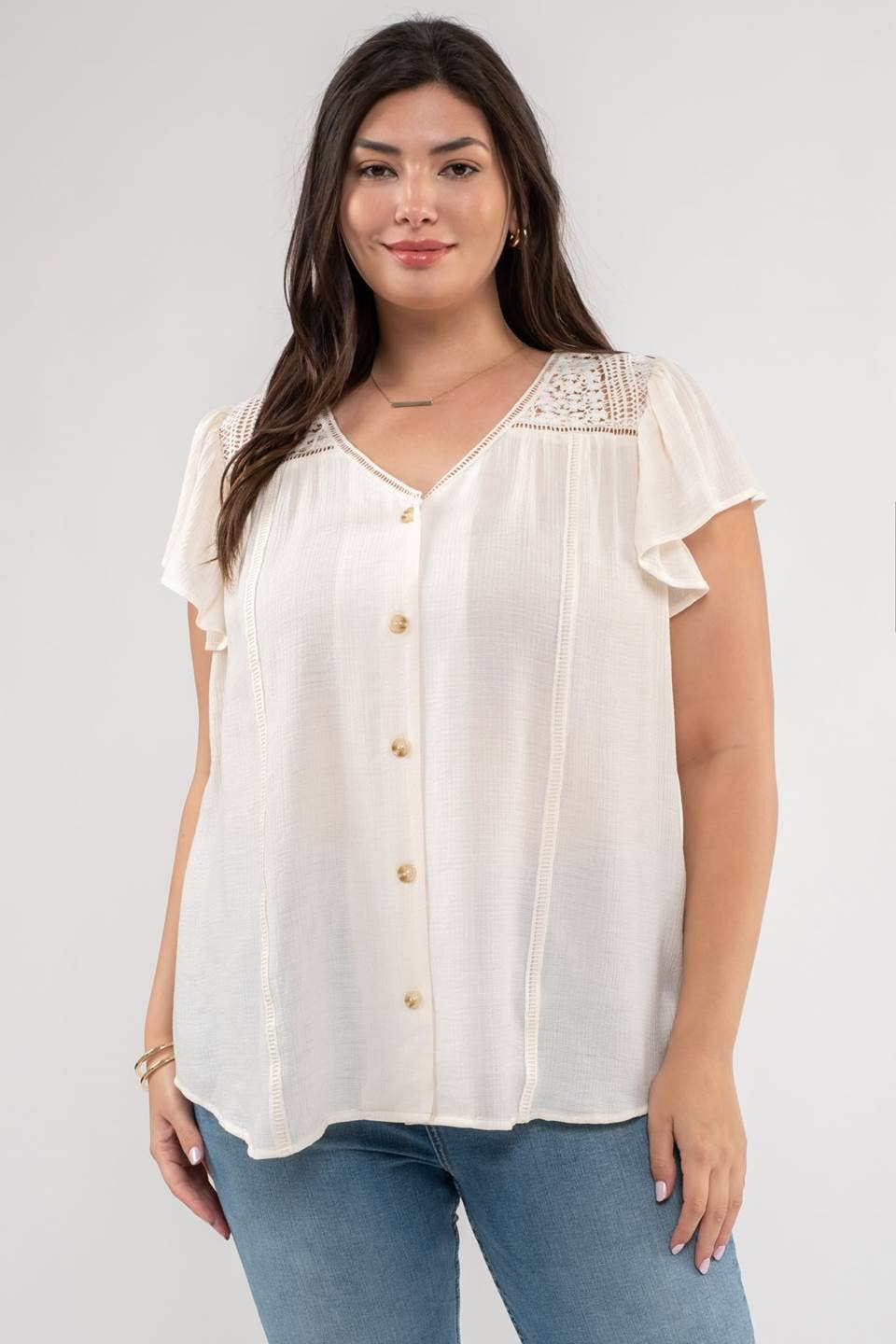 Eyelet V-Neck Lace Trim Top