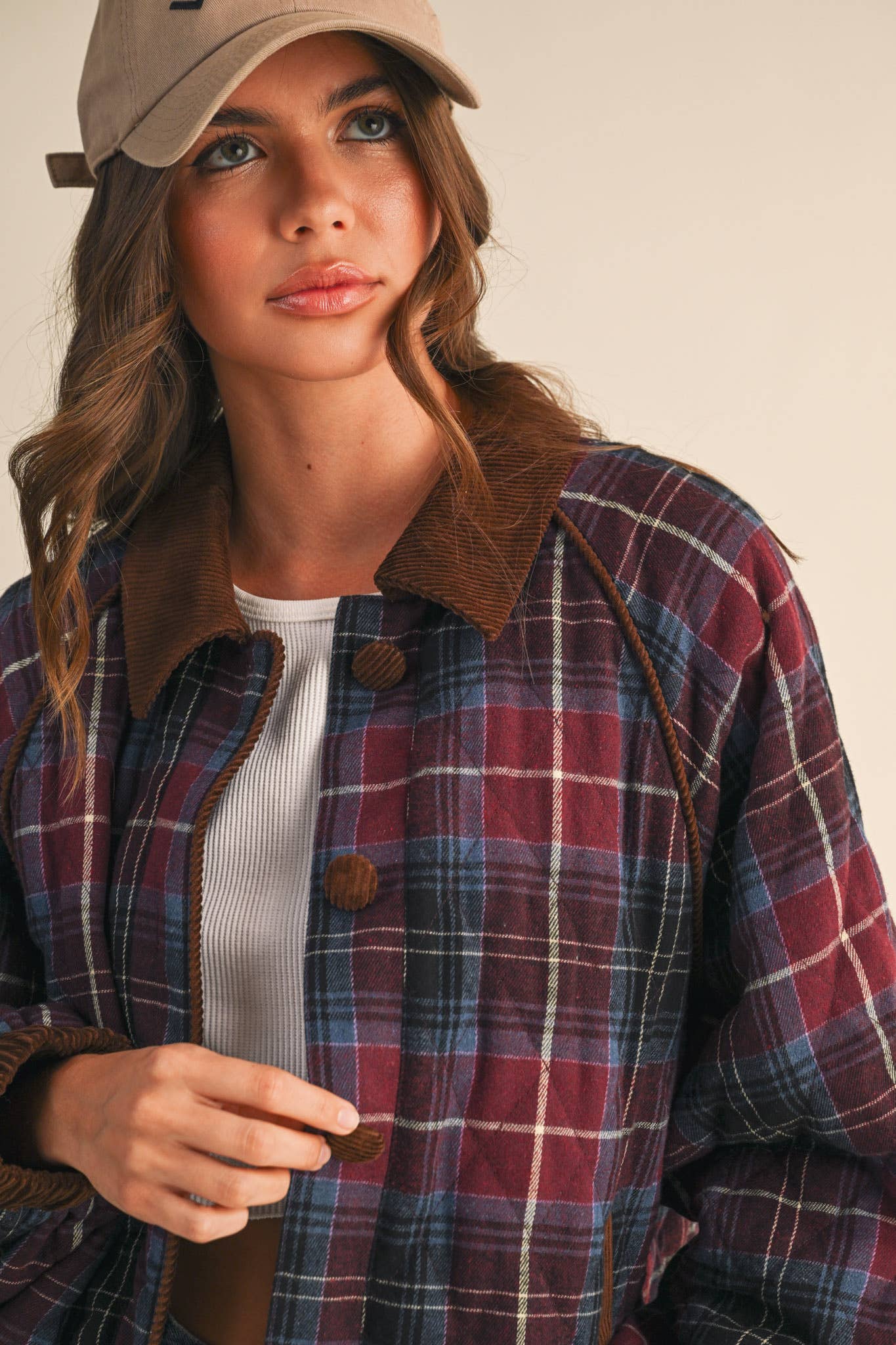 Plaid Quilted Jacket with Corduroy Detail
