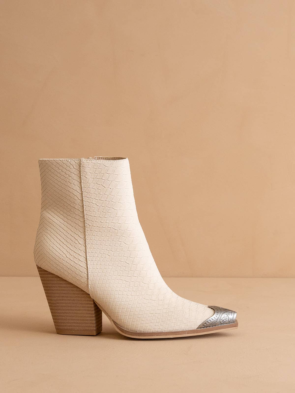 The Zion Beige | Elegant Western Bootie Etched Metal Toe