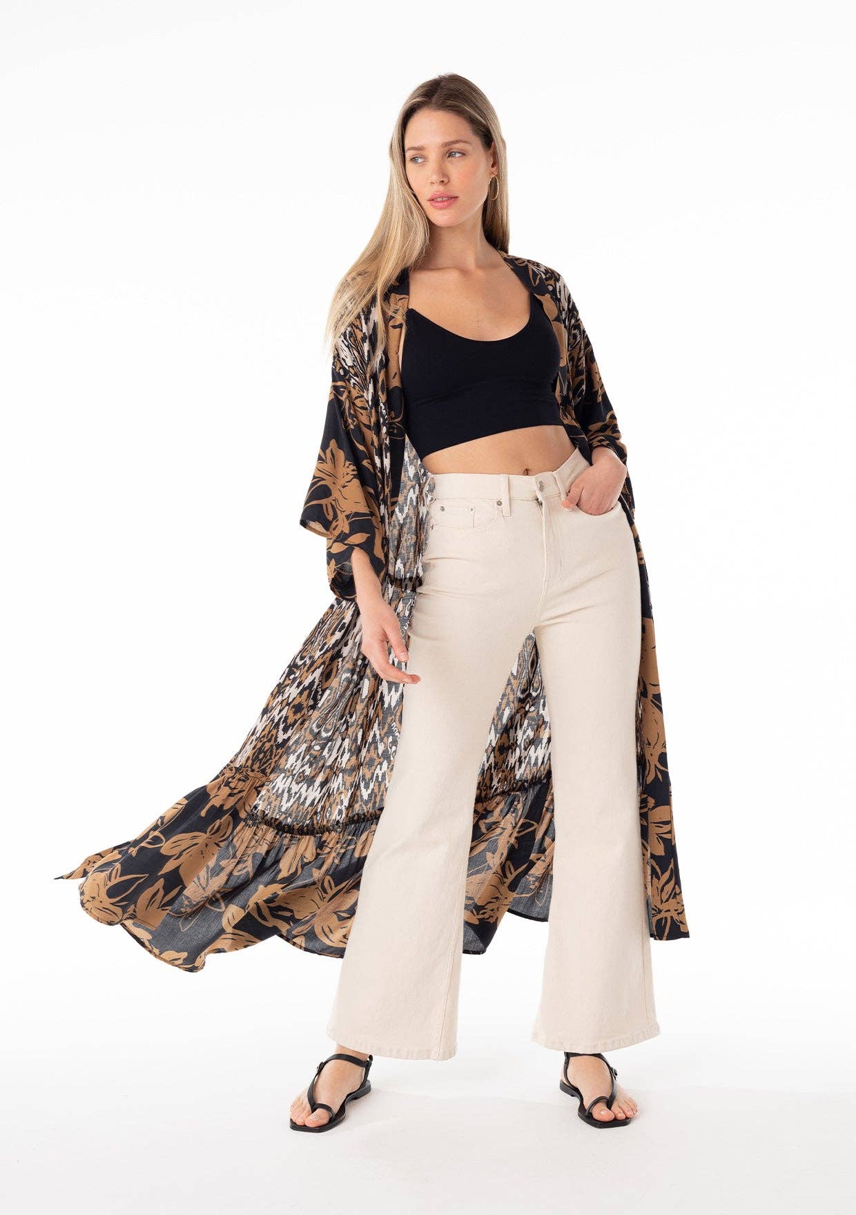 Tropical Ikat Printed Belted Maxi Kimono