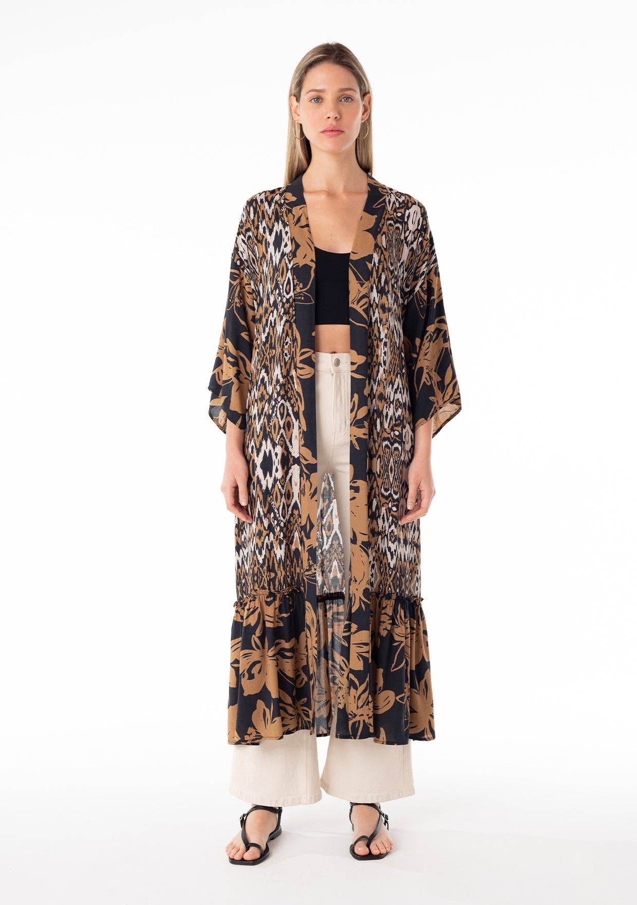 Tropical Ikat Printed Belted Maxi Kimono