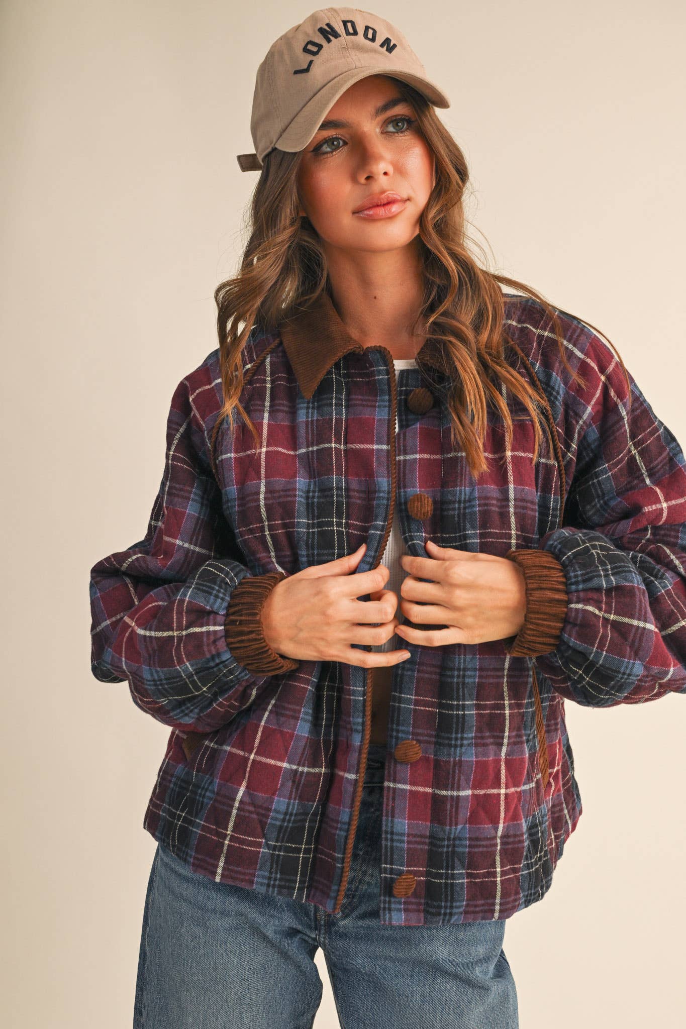 Plaid Quilted Jacket with Corduroy Detail