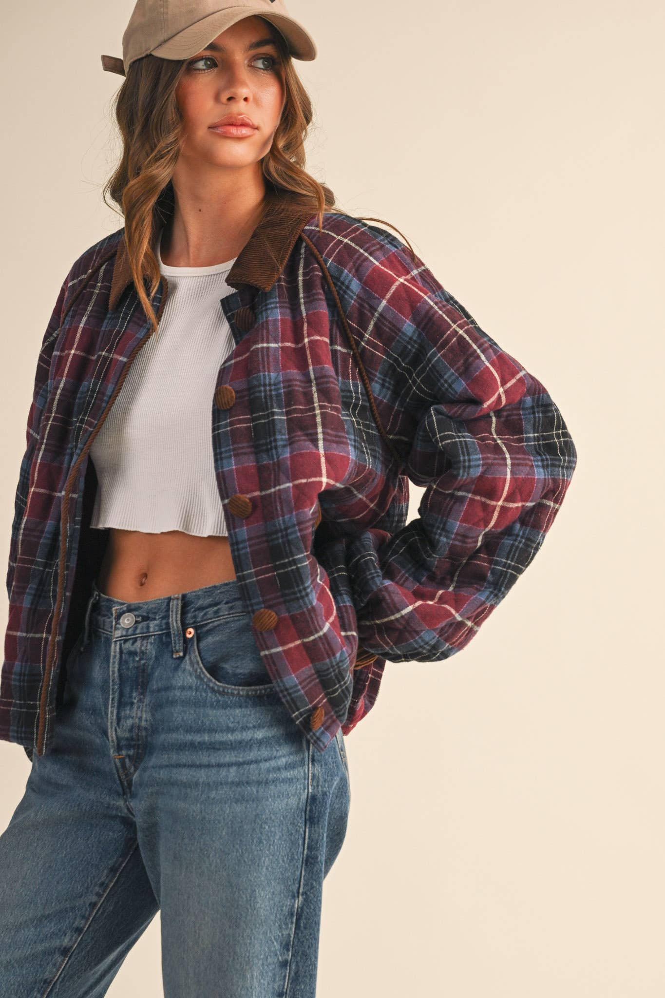 Plaid Quilted Jacket with Corduroy Detail