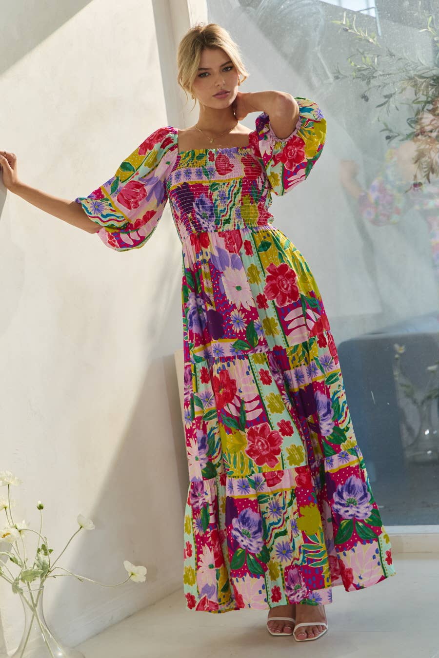 Robin Bubble Sleeve Maxi Hot Pink Multi / L Robin Bubble Sleeve Maxi Hot Pink Multi / L