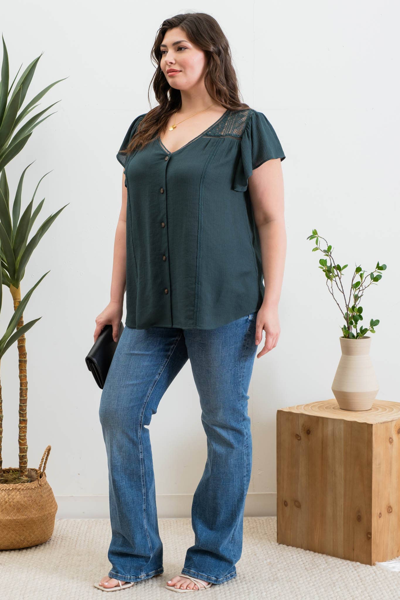 Eyelet V-Neck Lace Trim Top