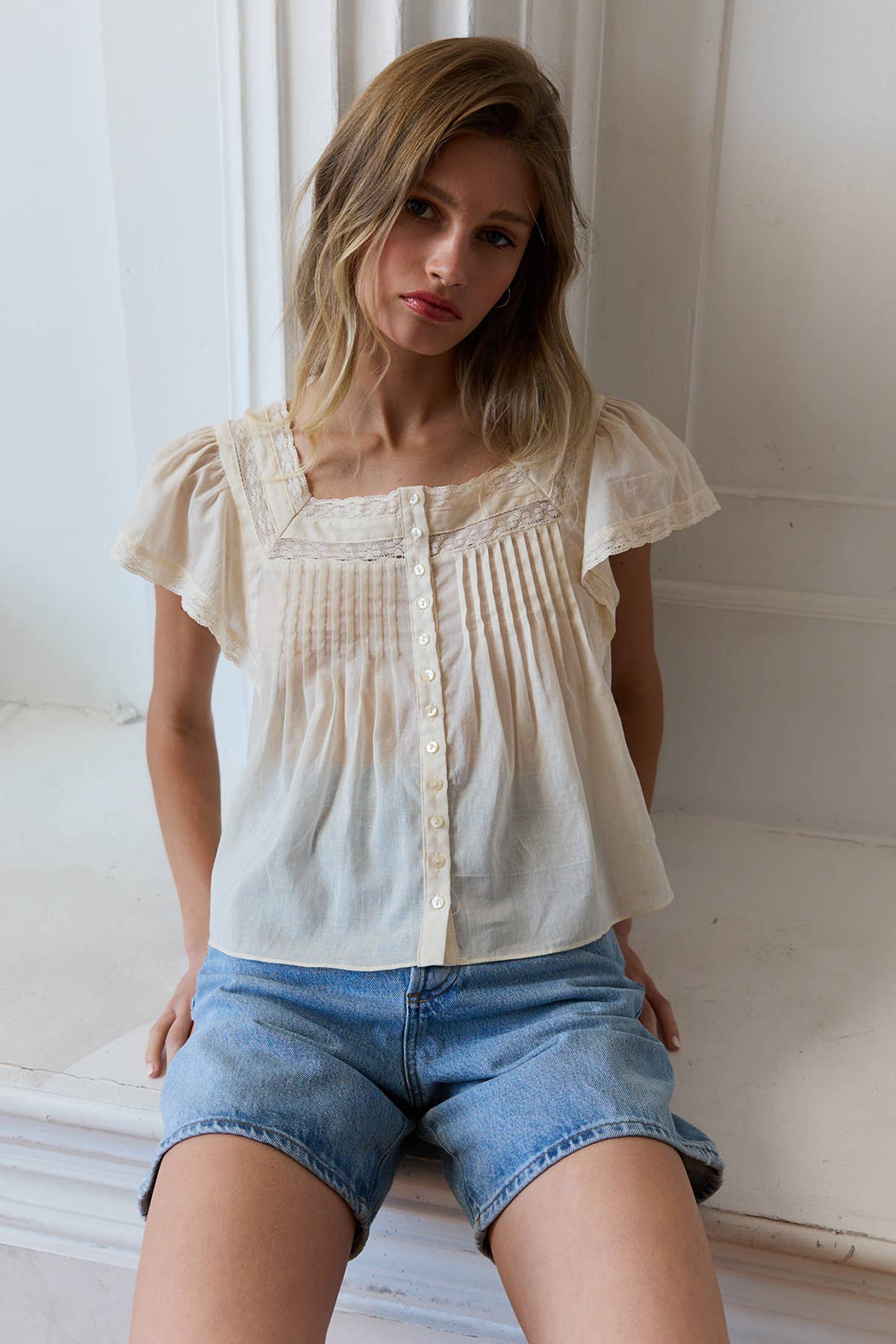 Lace Trim Pintuck Blouse