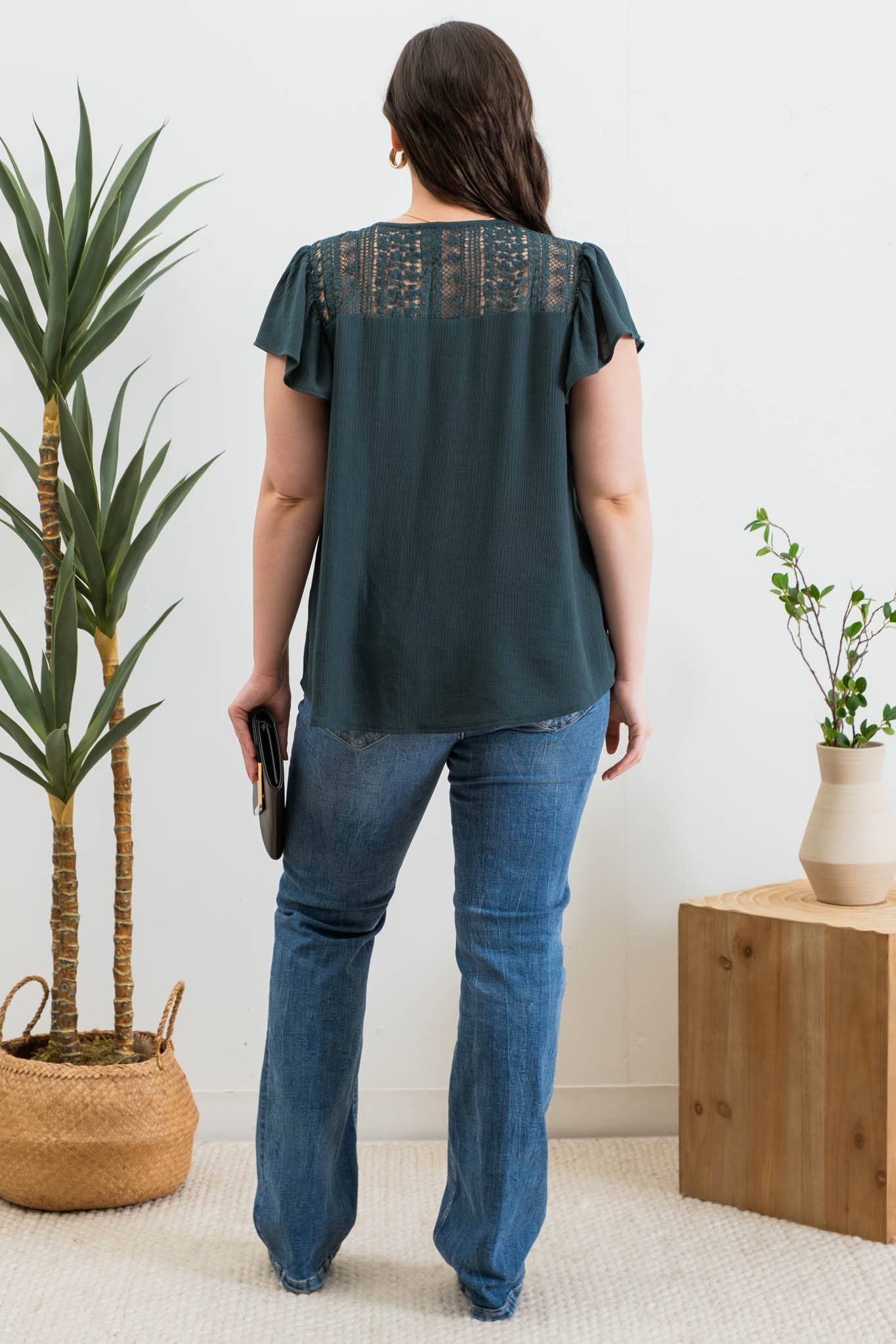 Eyelet V-Neck Lace Trim Top