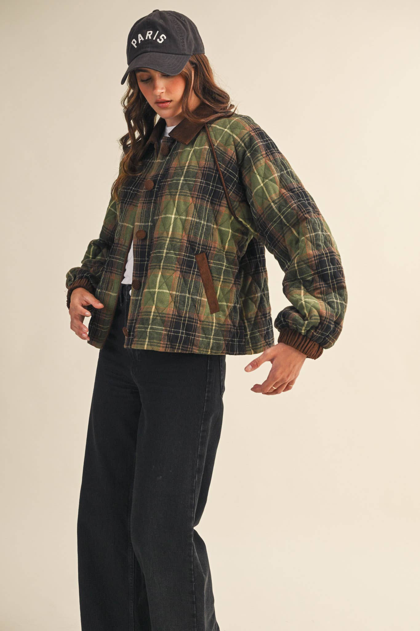 Plaid Quilted Jacket with Corduroy Detail