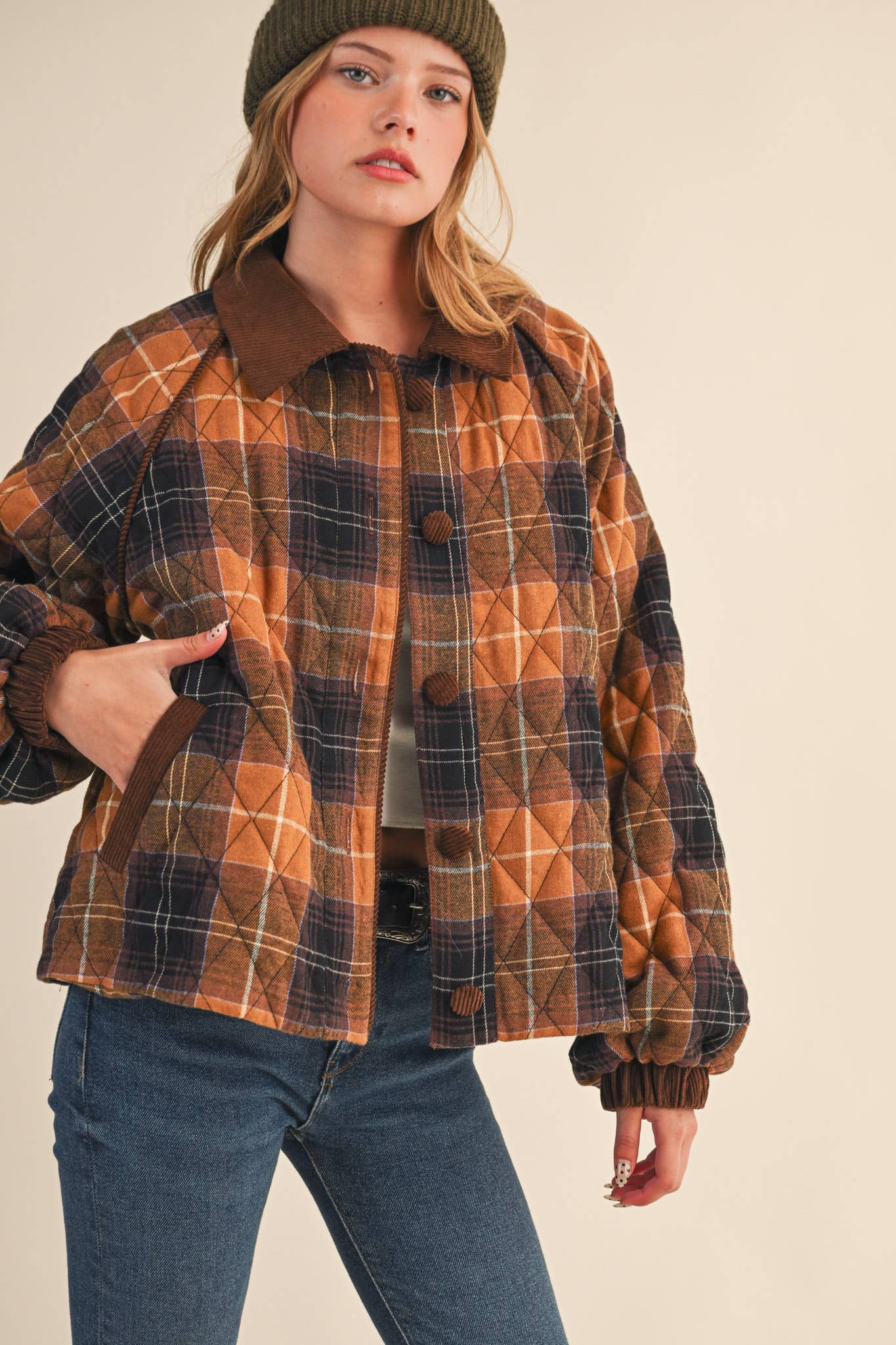 Plaid Quilted Jacket with Corduroy Detail
