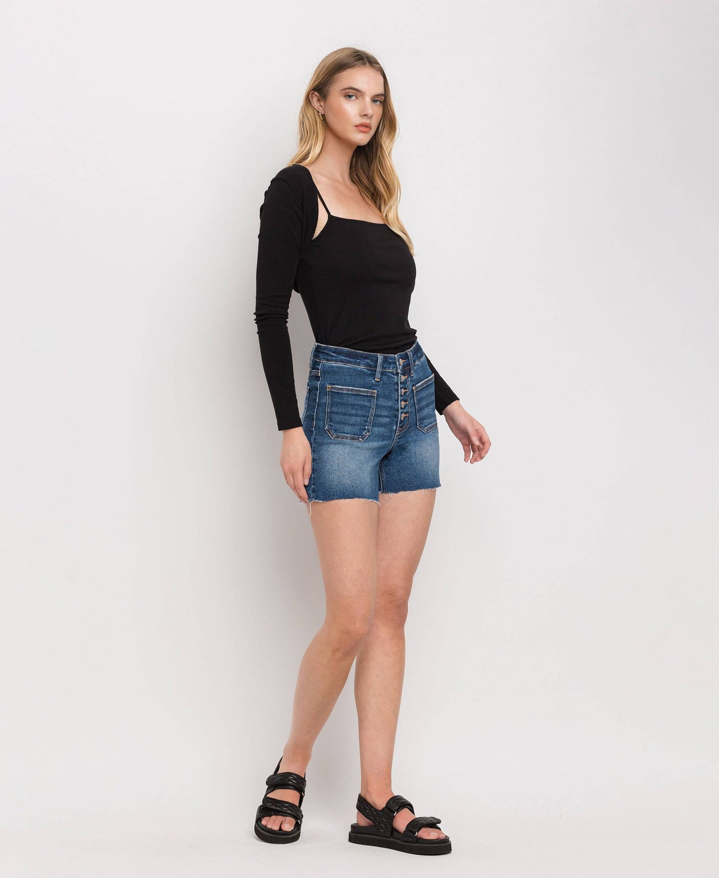 High Rise Patch Button Fly Shorts