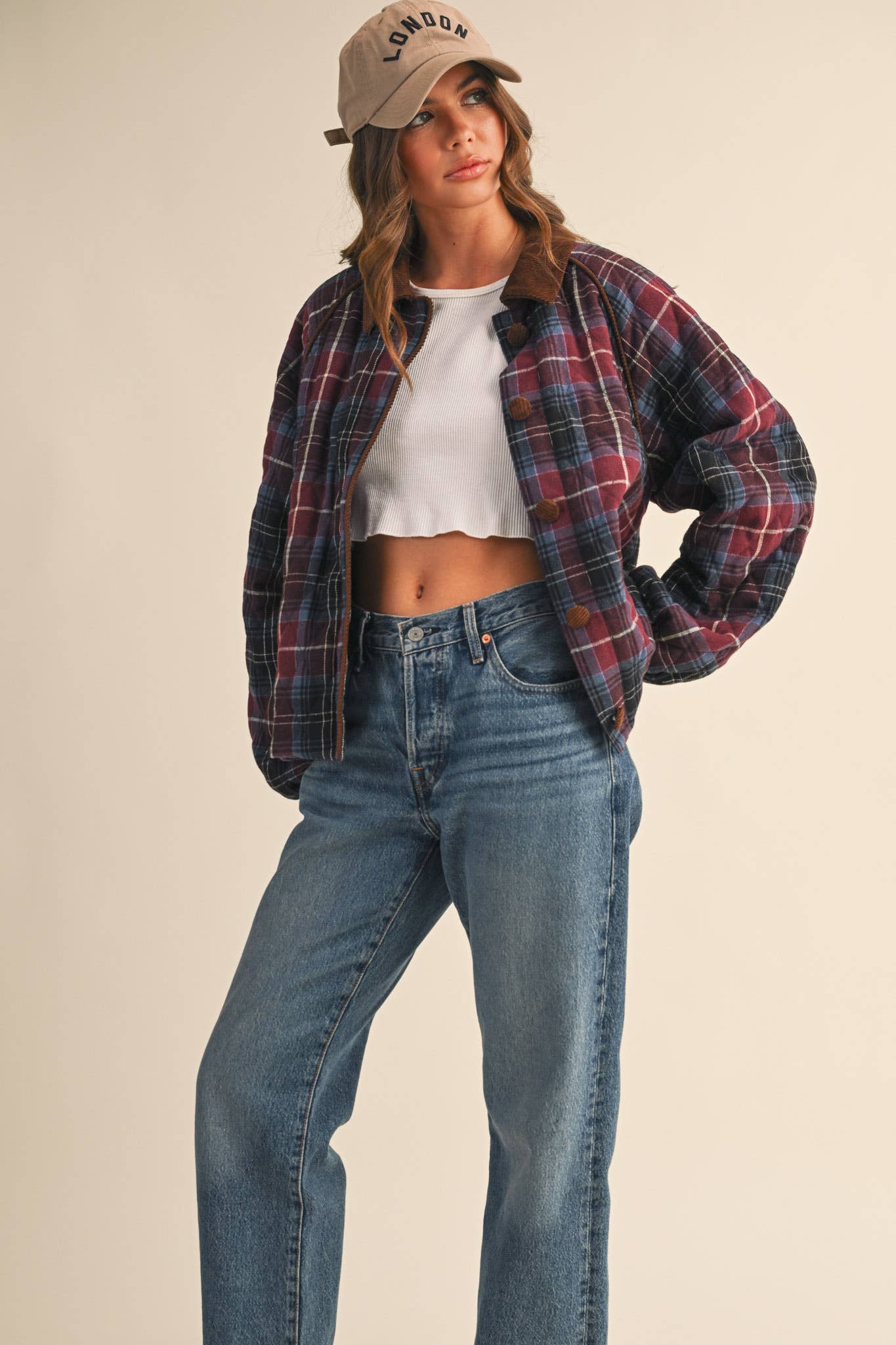 Plaid Quilted Jacket with Corduroy Detail