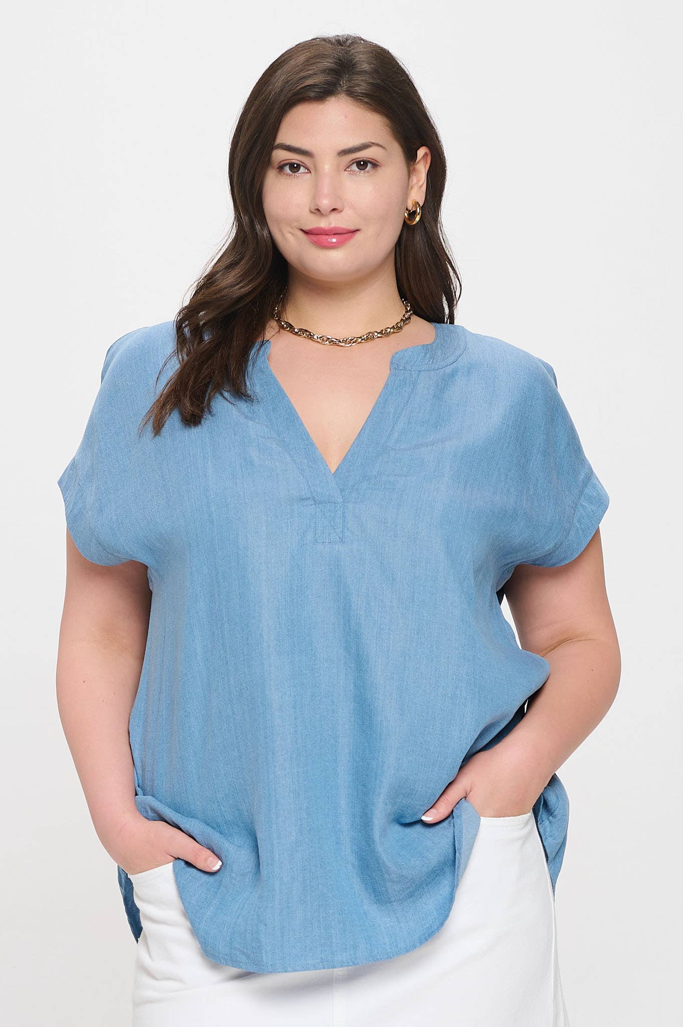 Chambray Split Neck Blouse