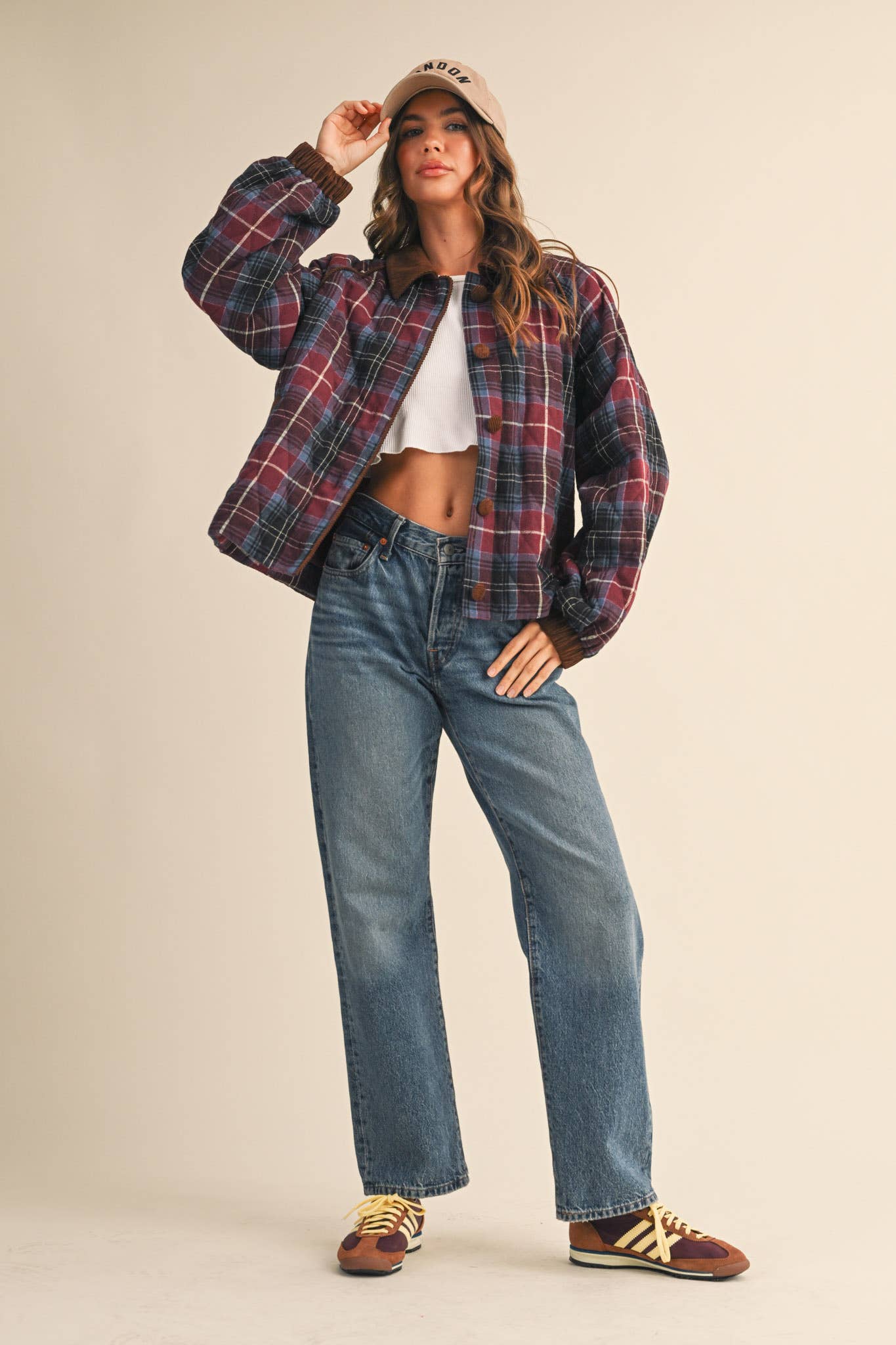 Plaid Quilted Jacket with Corduroy Detail
