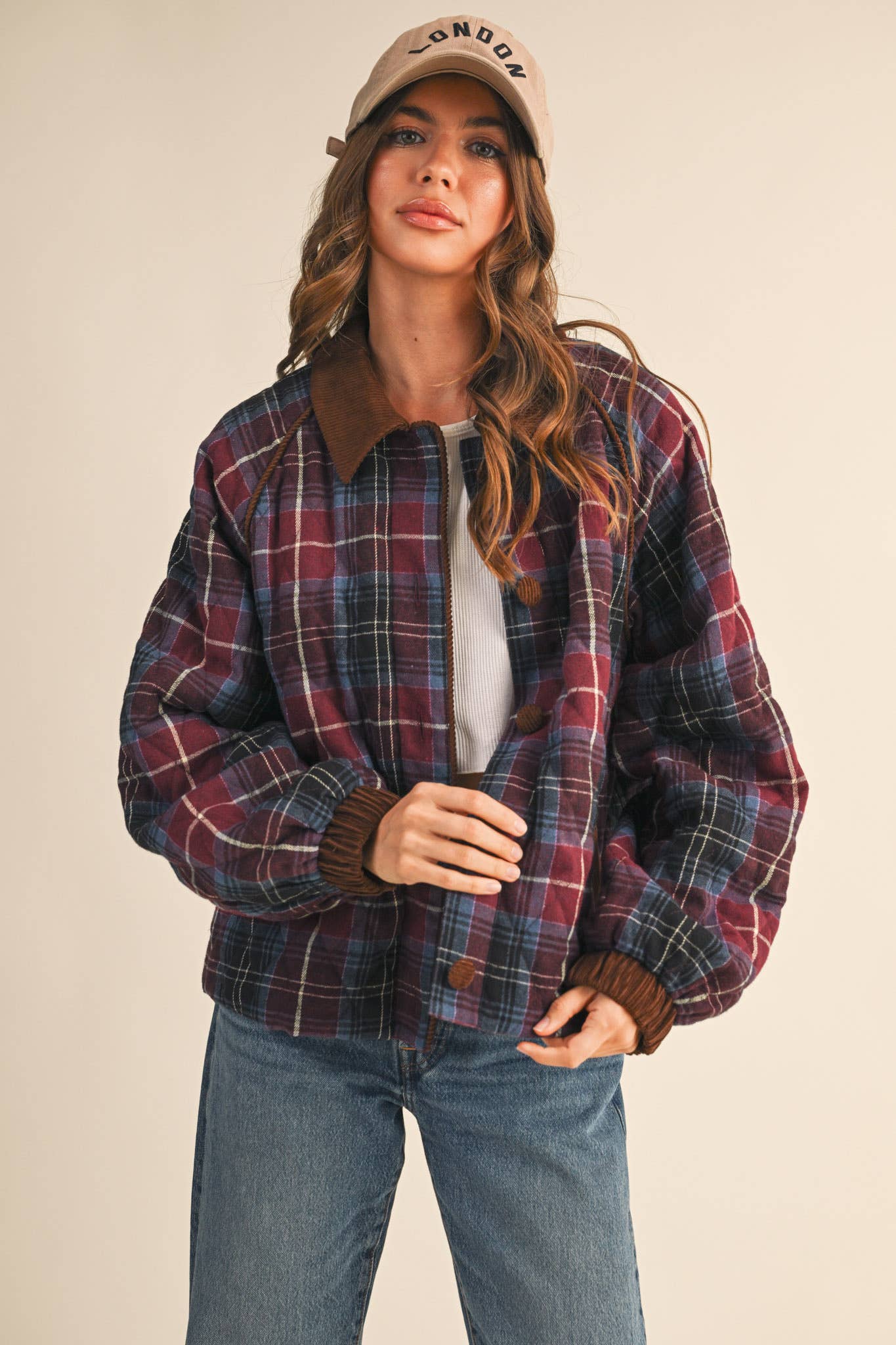 Plaid Quilted Jacket with Corduroy Detail