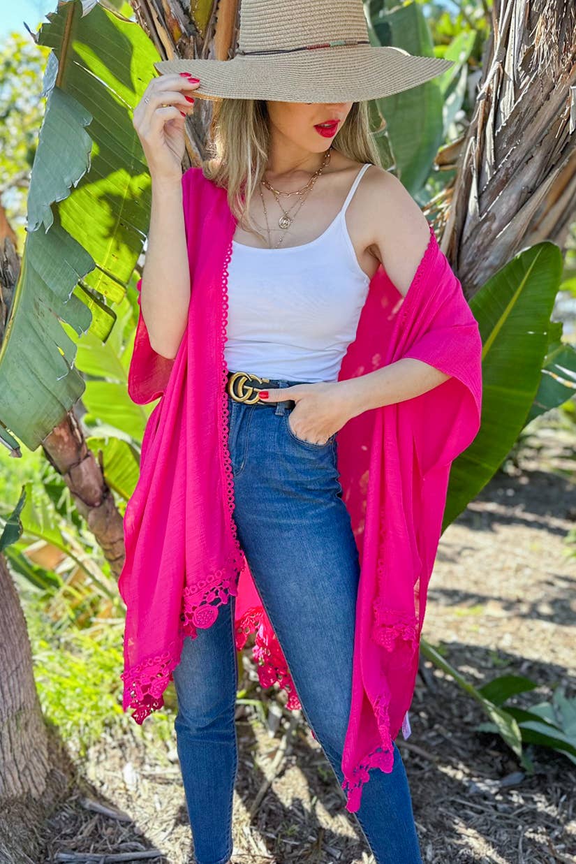 Fuchsia Lace Trim Kimono Cover Up