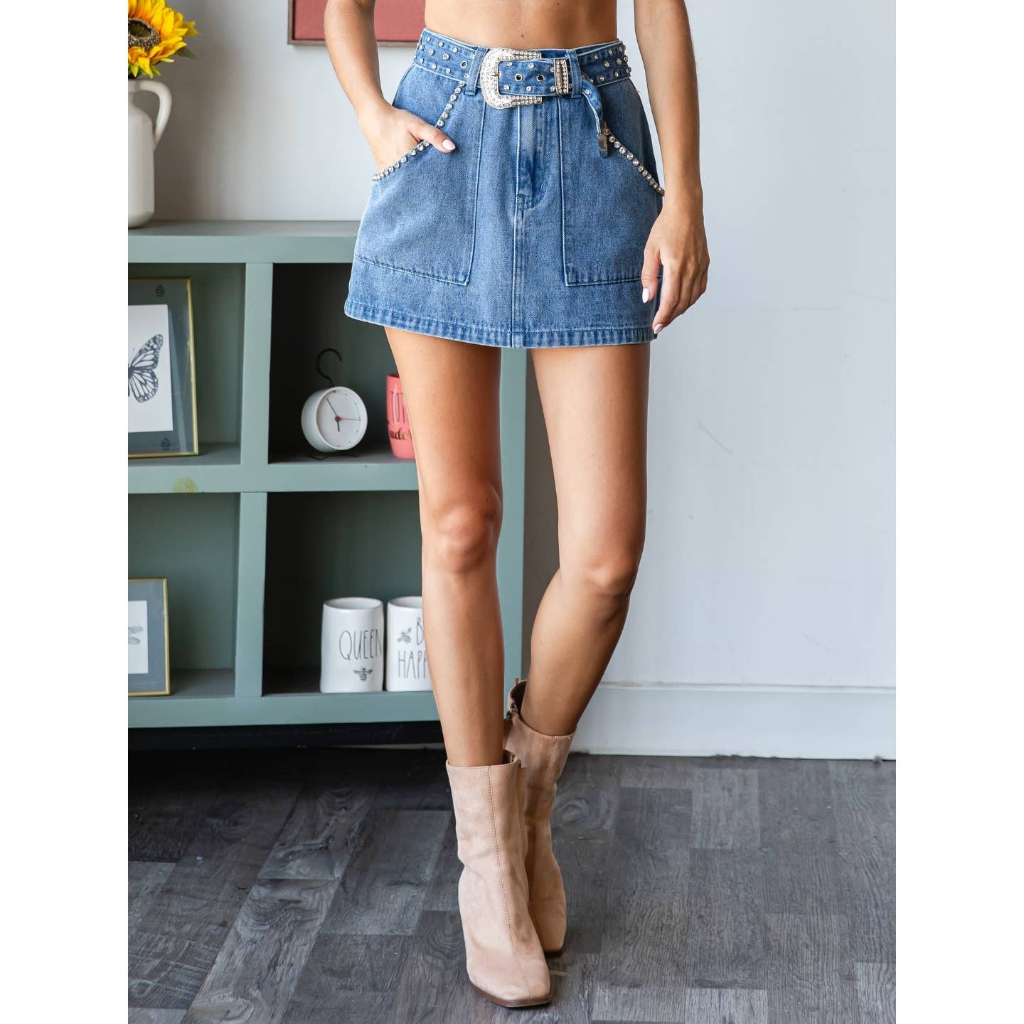 Rhinestone Belt Denim Mini Skirt