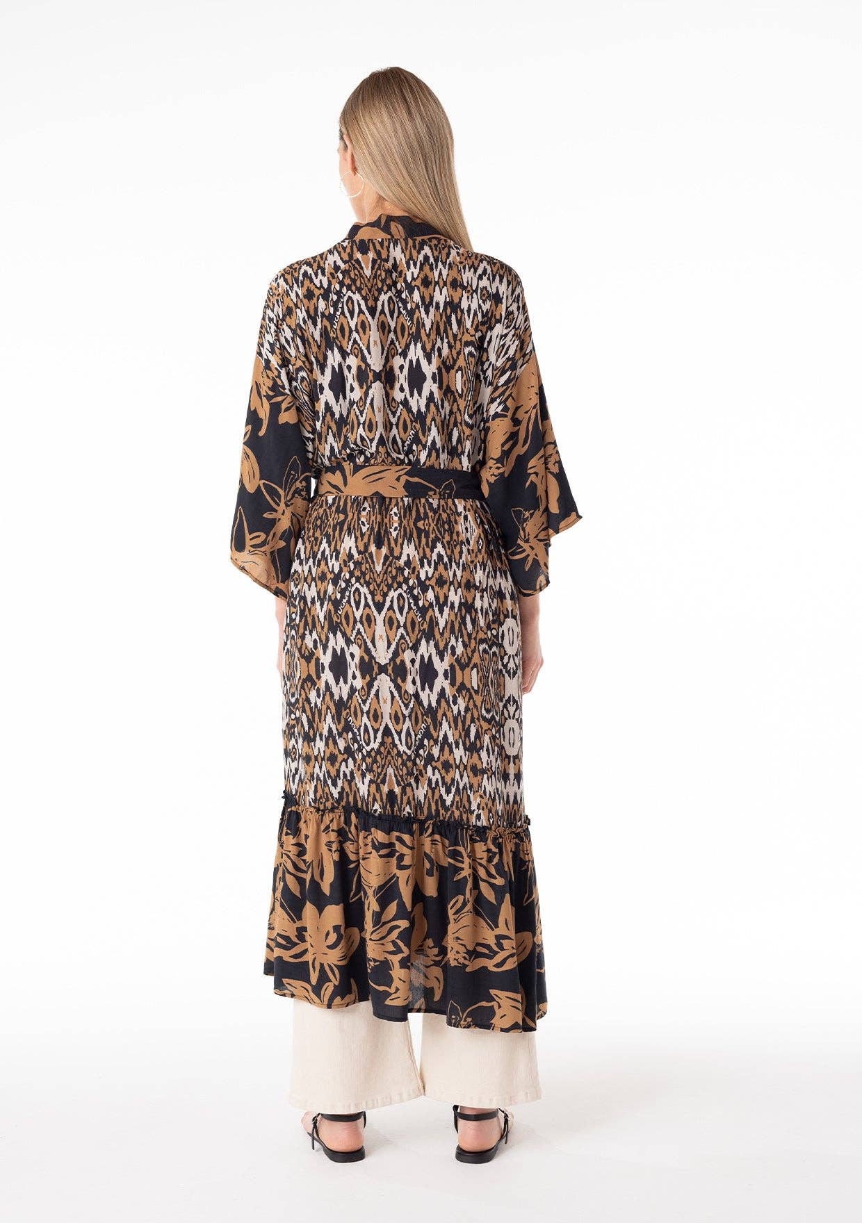 Tropical Ikat Printed Belted Maxi Kimono