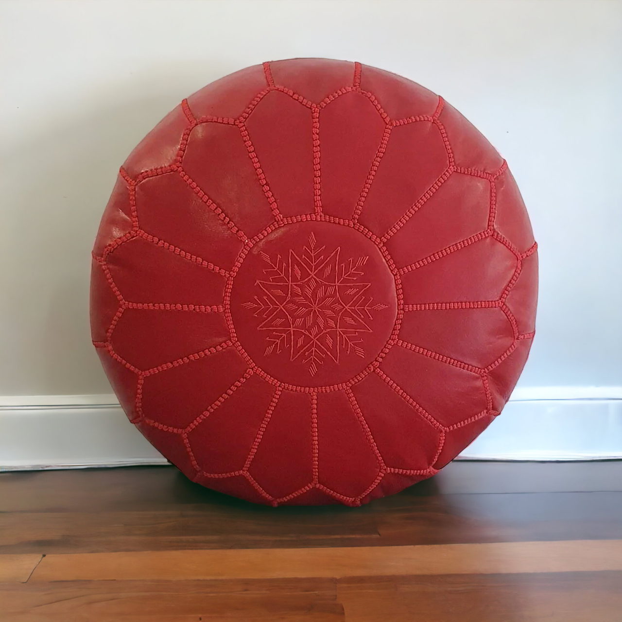 Handcrafted Red Moroccan Leather Pouf Unfilled