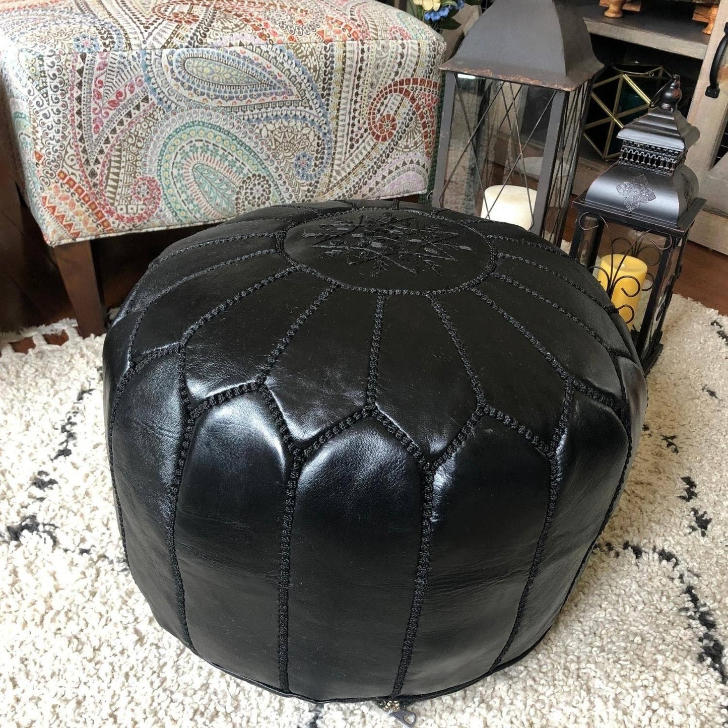 Moroccan Leather Pouffe - Black unfilled