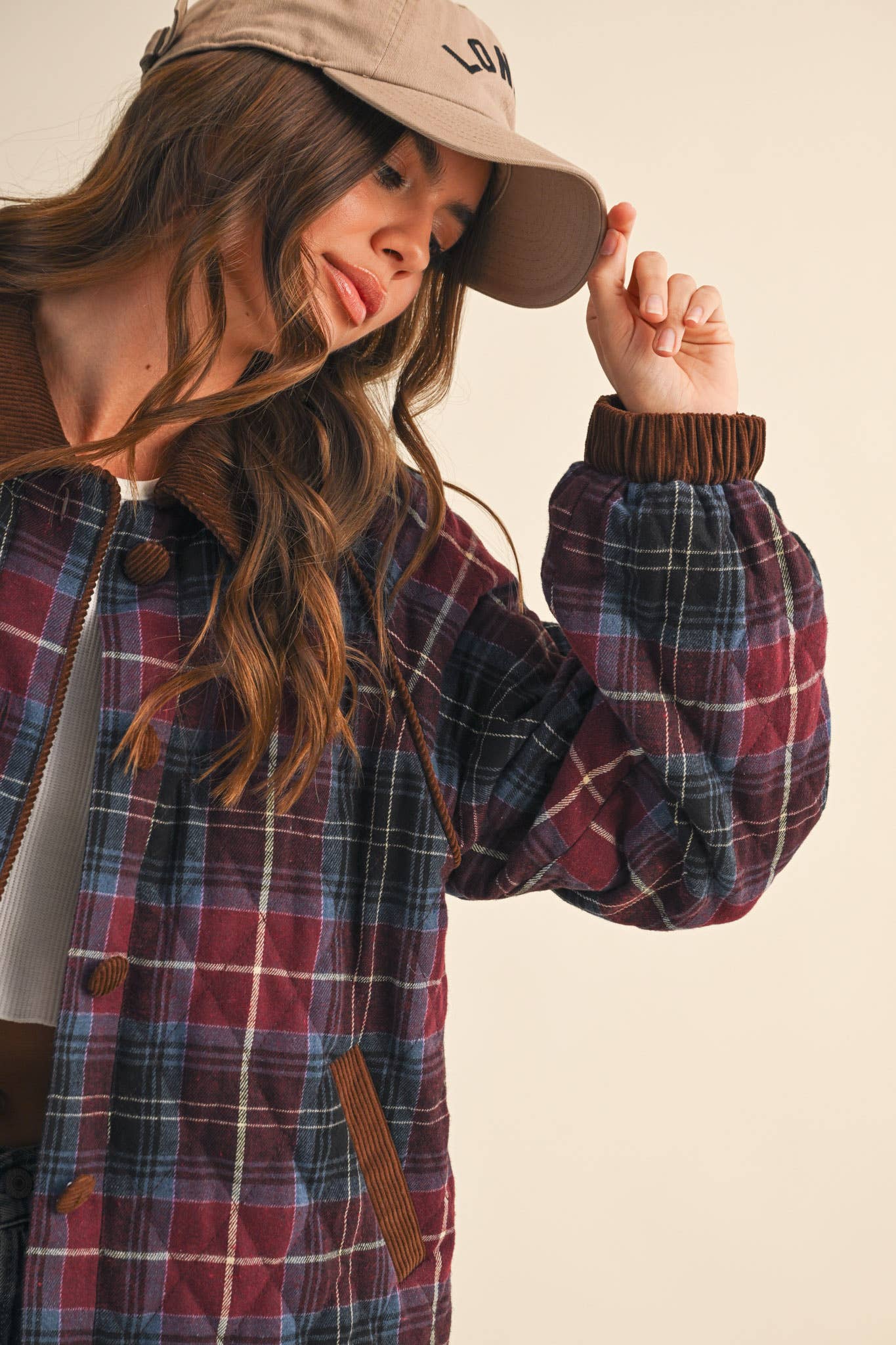 Plaid Quilted Jacket with Corduroy Detail