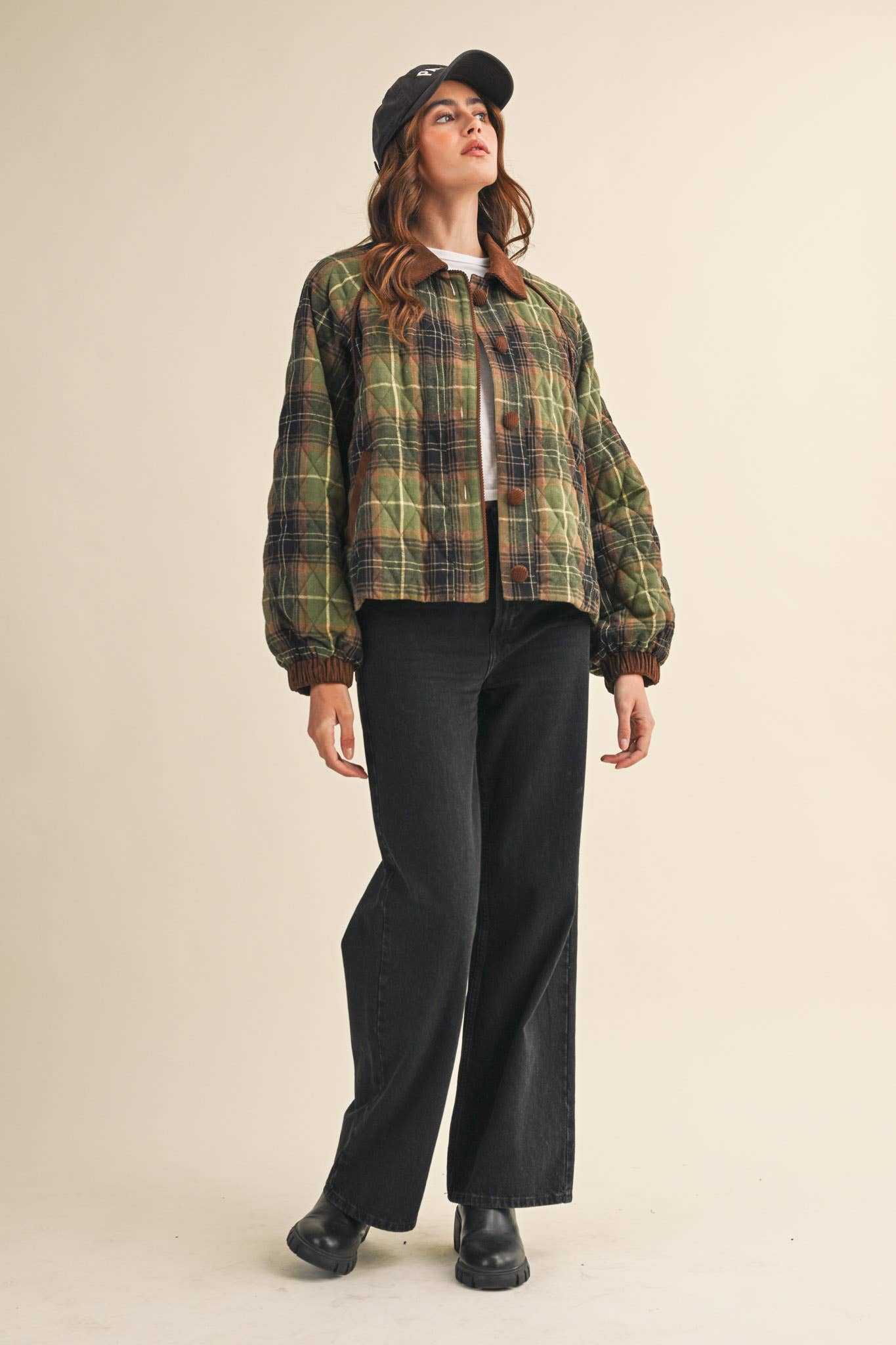Plaid Quilted Jacket with Corduroy Detail