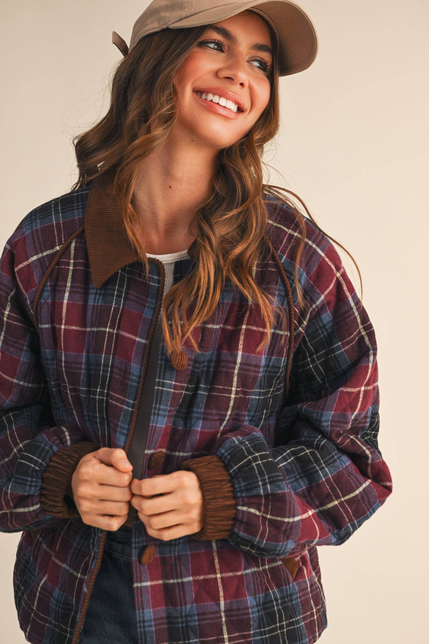 Plaid Quilted Jacket with Corduroy Detail
