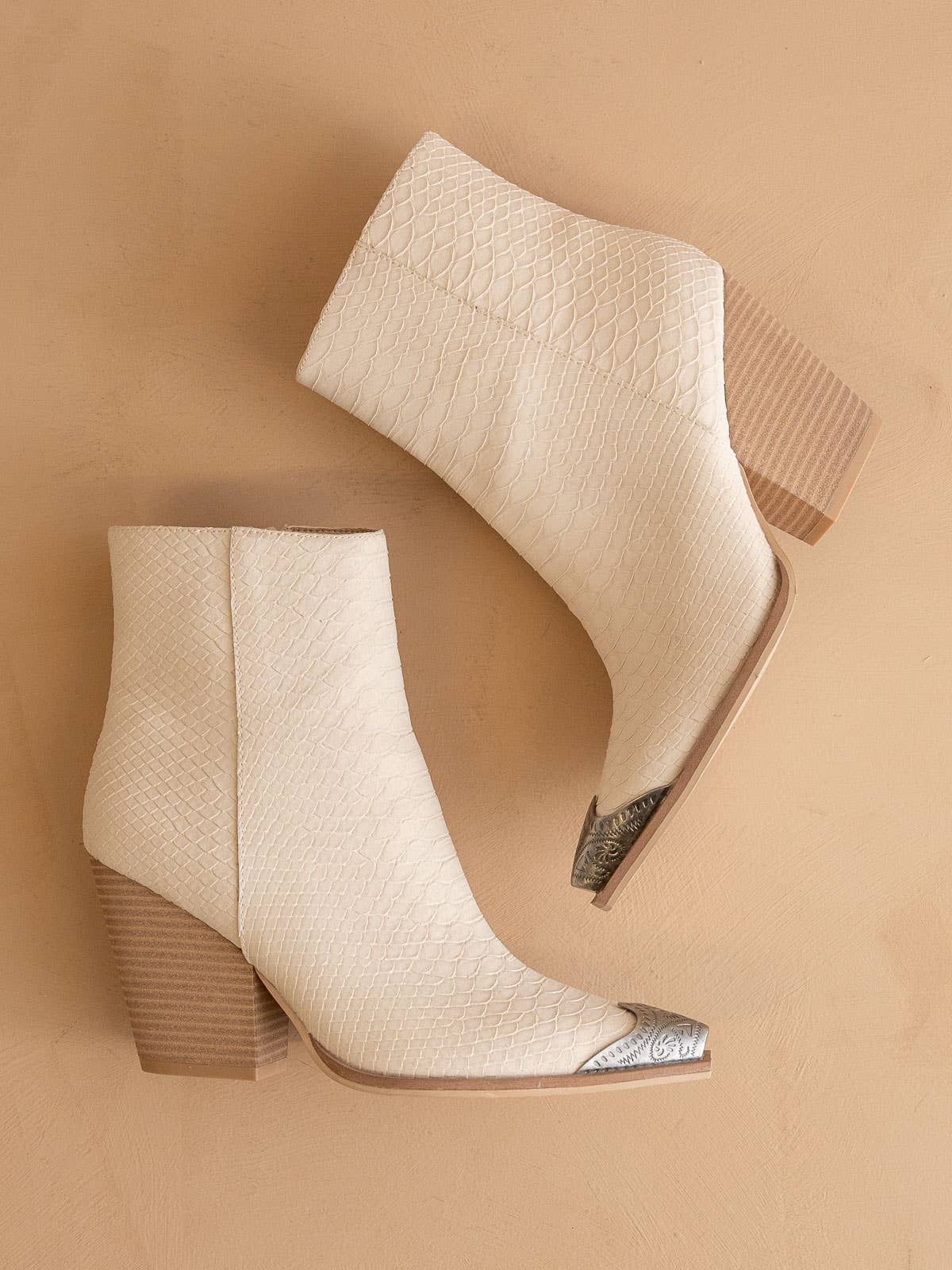 The Zion Beige | Elegant Western Bootie Etched Metal Toe