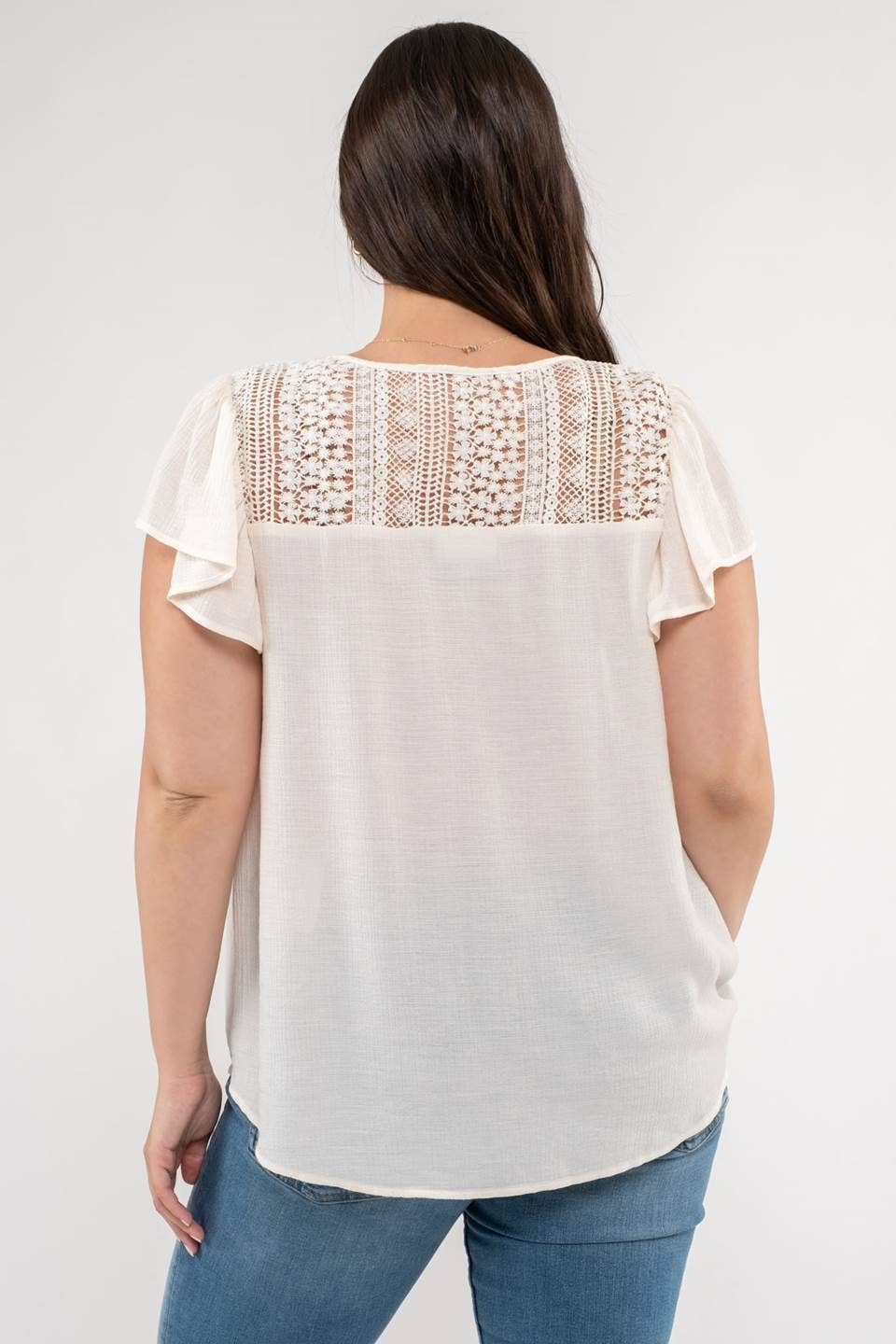 Eyelet V-Neck Lace Trim Top