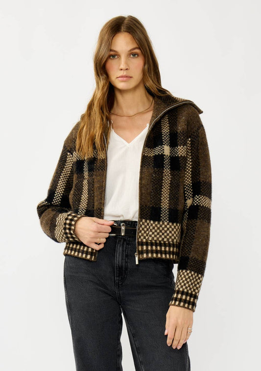 Plaid Knit Zip-Up Bomber Jacket