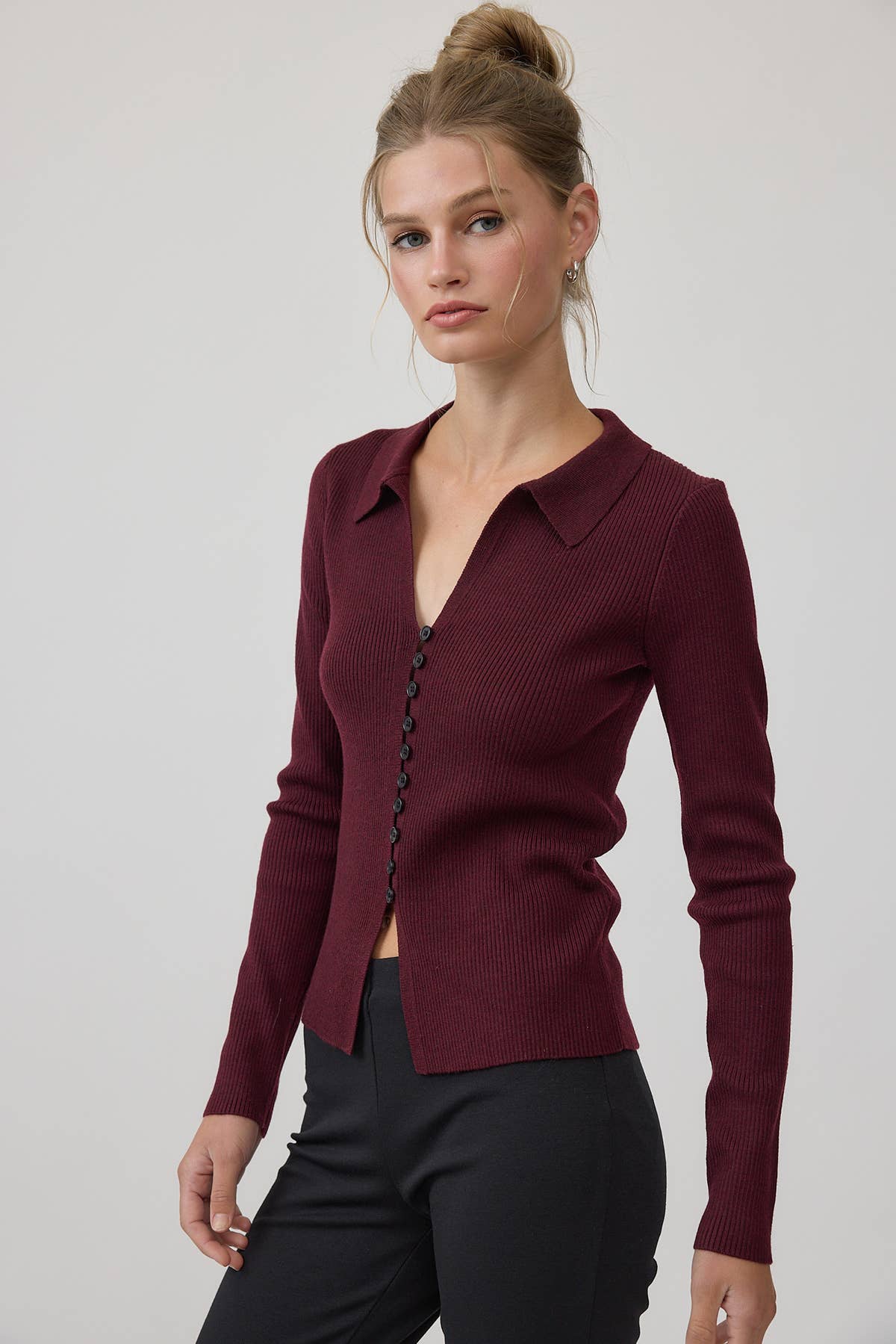 Ribbed Button Collar Knit Cardigan