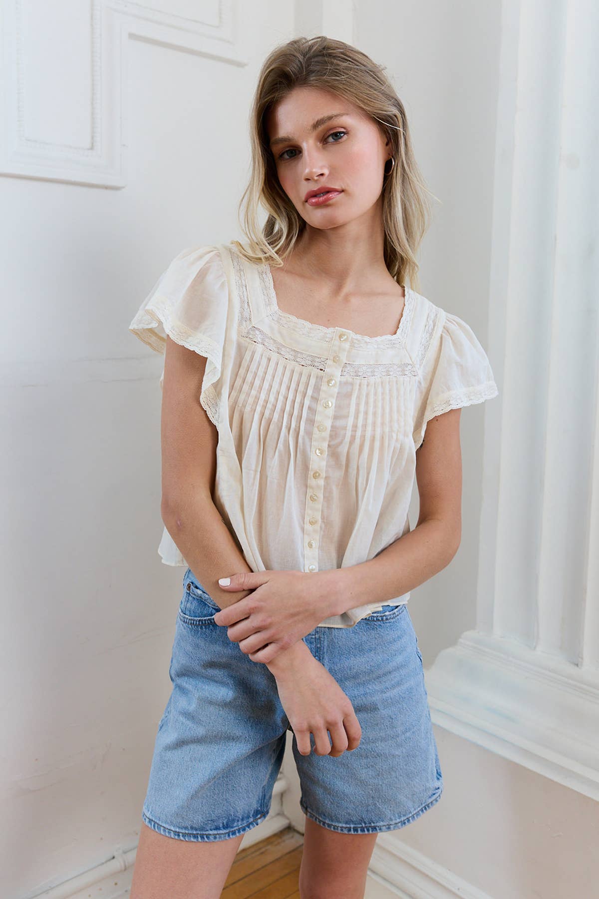Lace Trim Pintuck Blouse