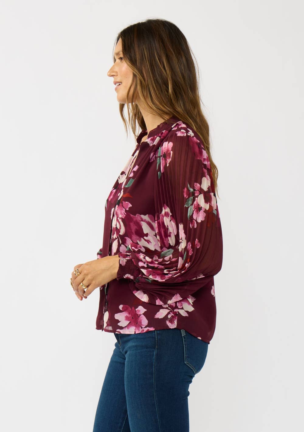 Pleated Sleeve Floral Button Blouse