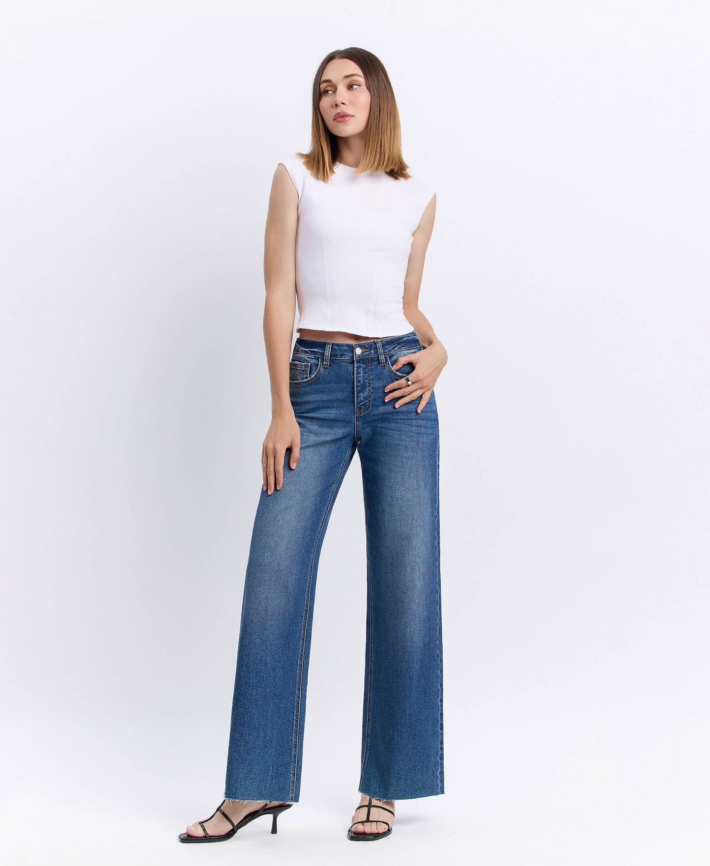 High-Rise Clean-Cut Raw Hem Wide Jeans