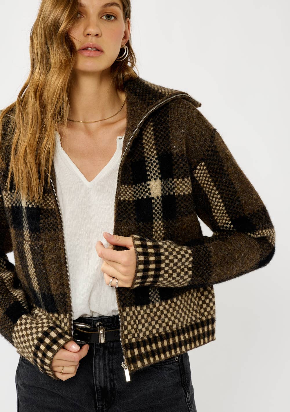 Plaid Knit Zip-Up Bomber Jacket