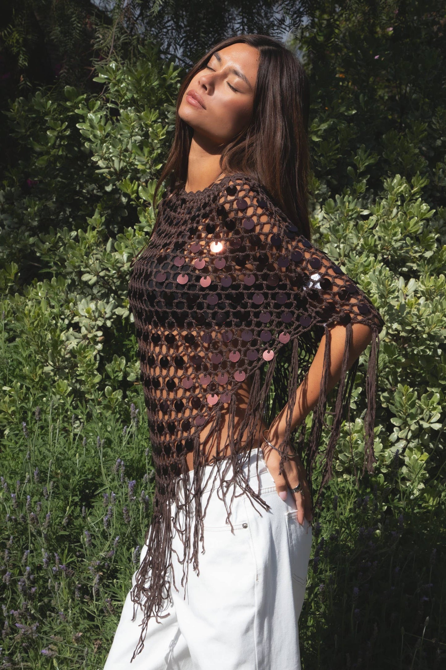 Lunara Sequin Crochet Fringe Knit Poncho