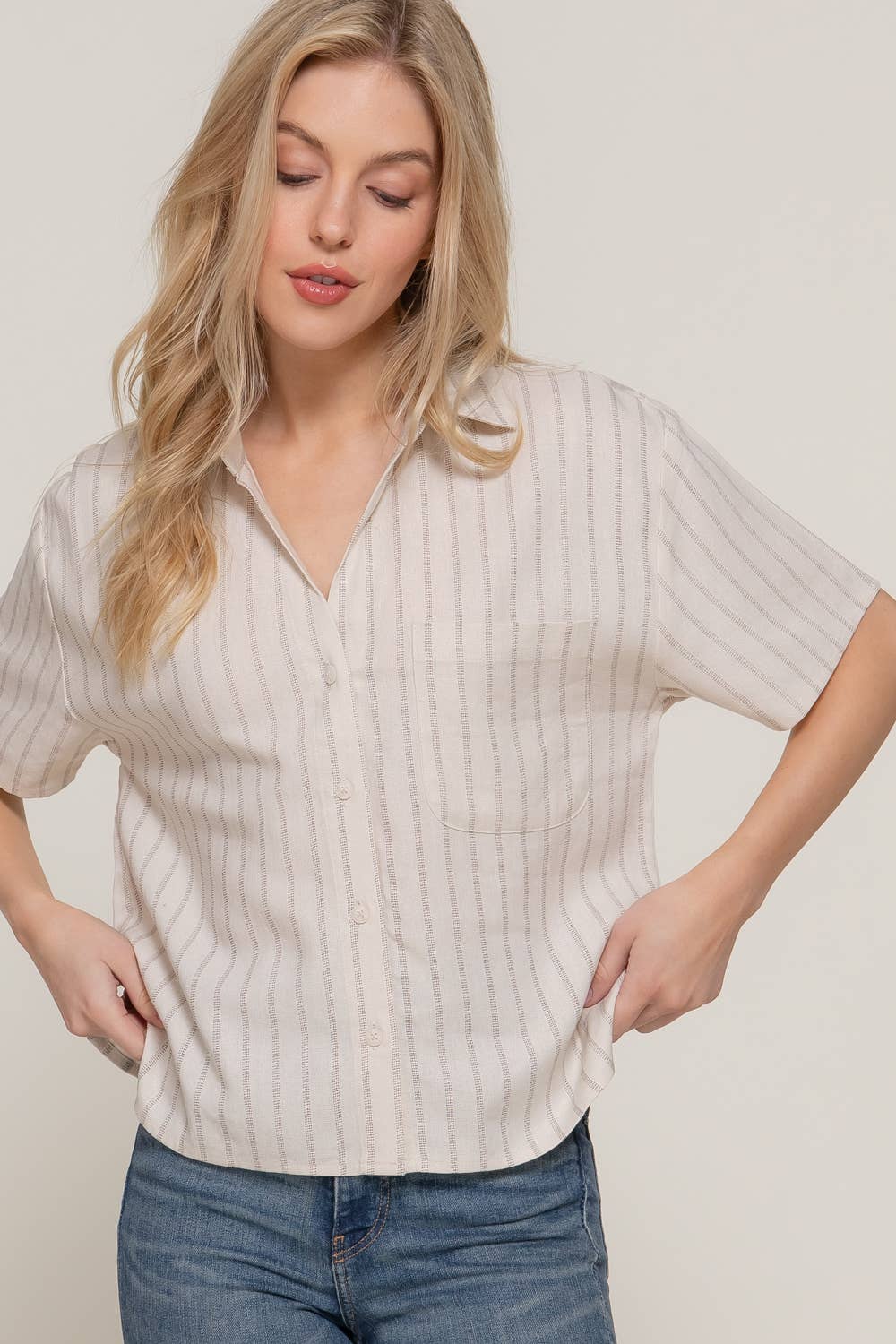 Button Down Stripe Linen Top