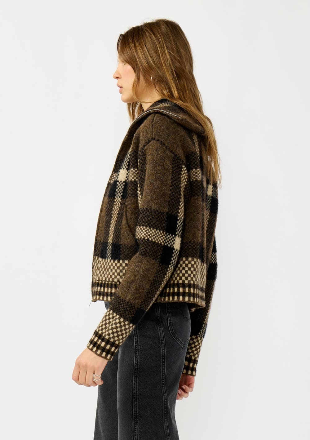 Plaid Knit Zip-Up Bomber Jacket