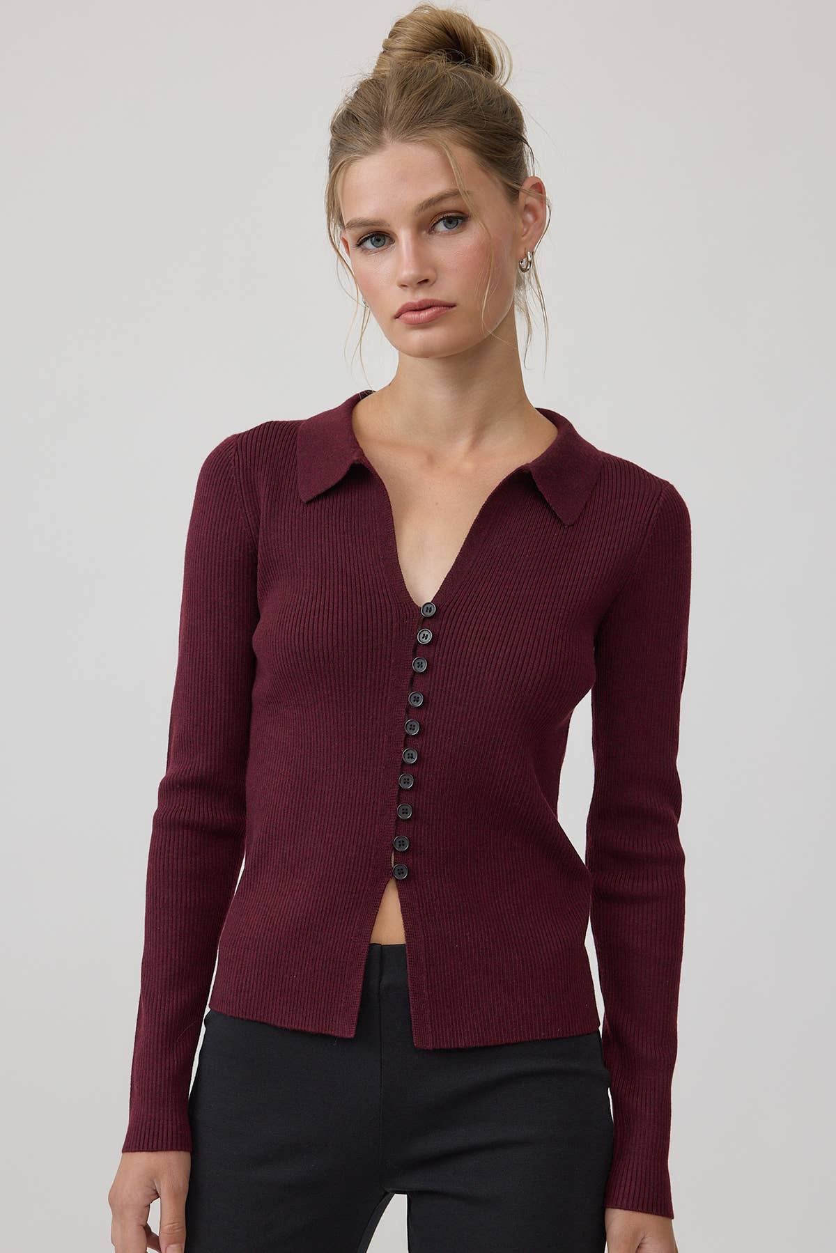 Ribbed Button Collar Knit Cardigan