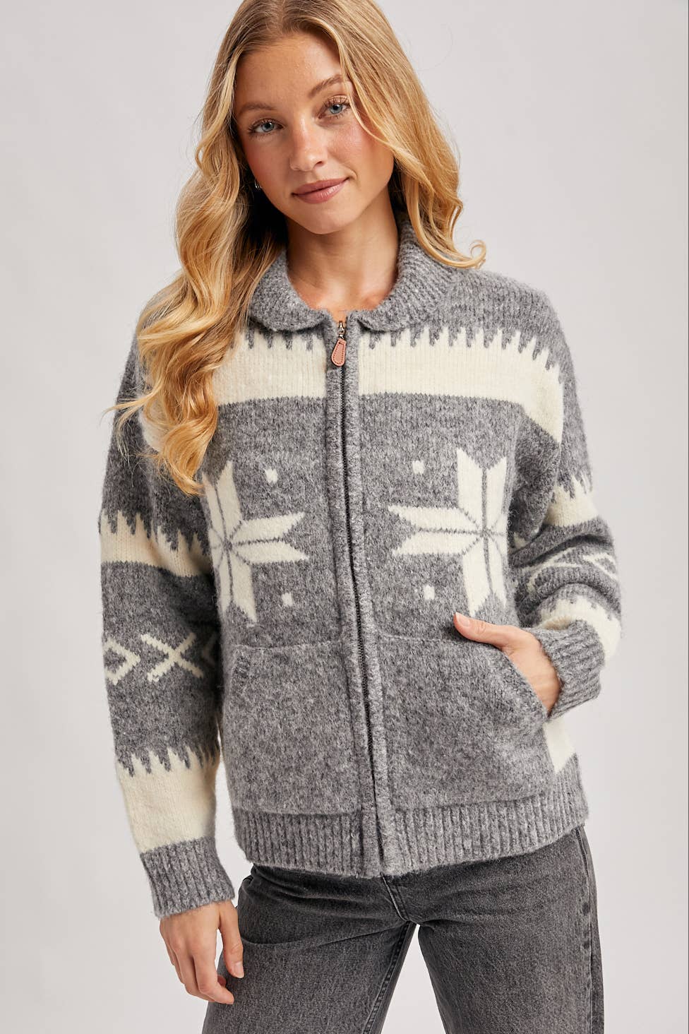 Fair Isle Fuzzy Knit Cardigan