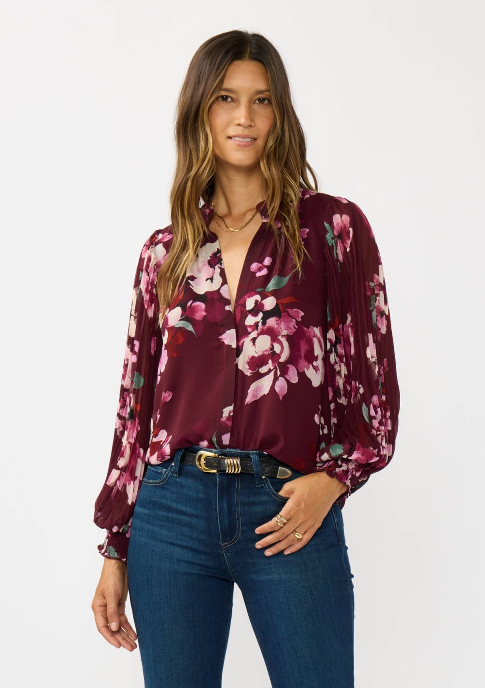 Pleated Sleeve Floral Button Blouse