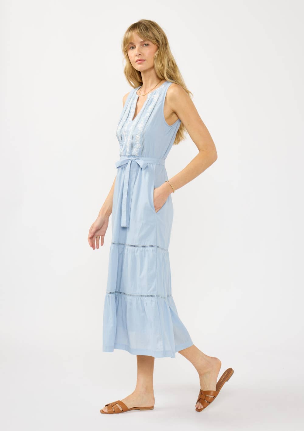 Embroidered Tiered Midi Dress