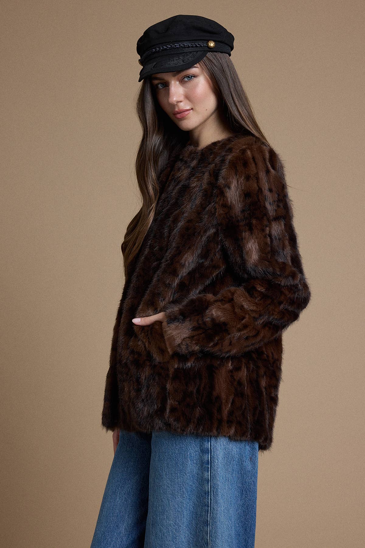 Chocolate Brown Leopard Faux Fur Jacket