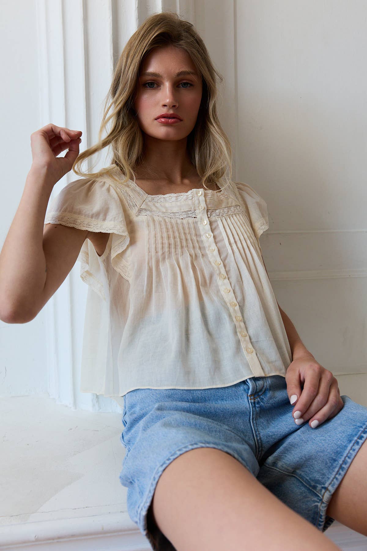 Lace Trim Pintuck Blouse