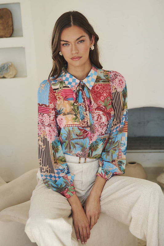 Melani Tropical Matra Long Sleeve Collared Blouse