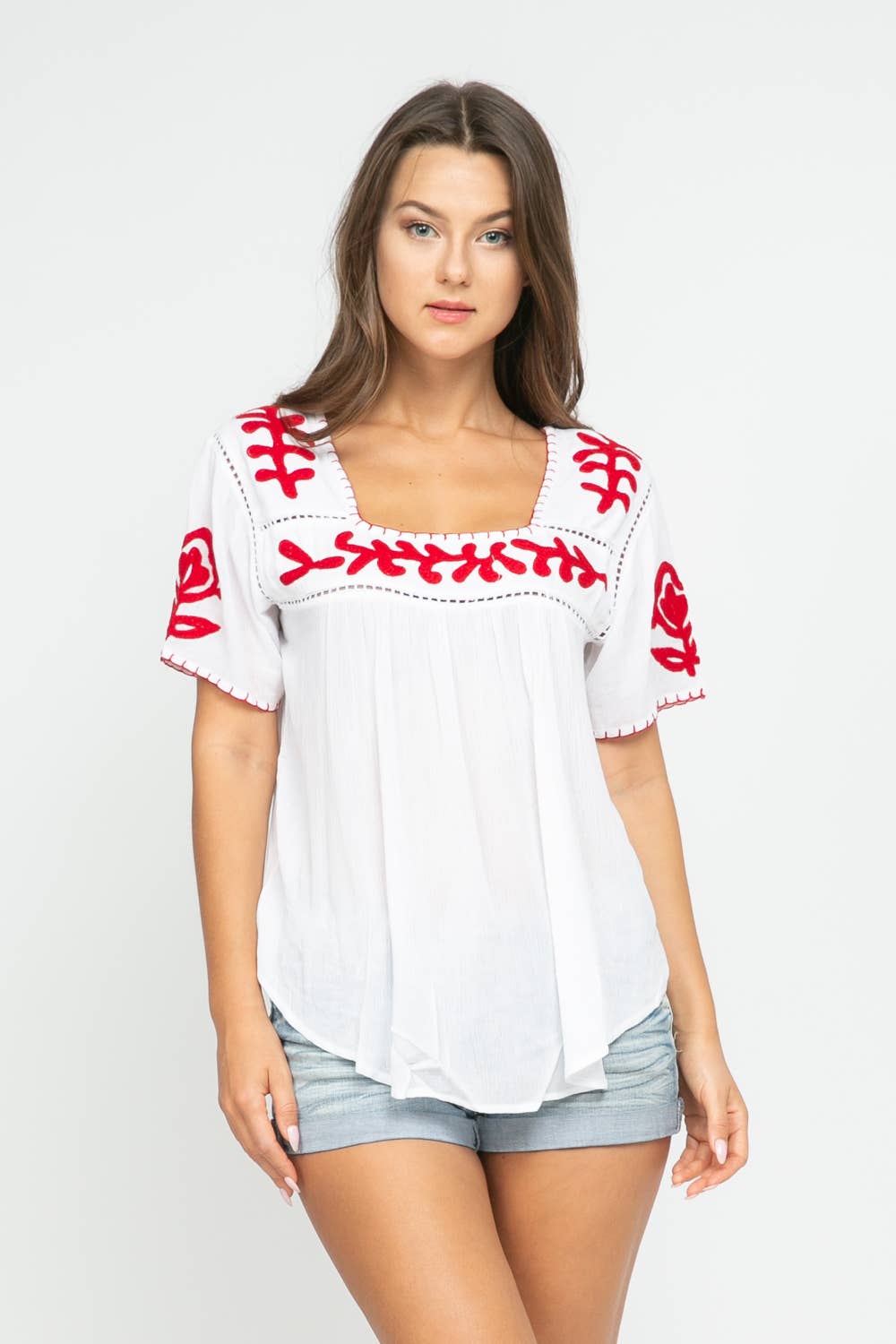 Sandy Embroidered Top – White/Red