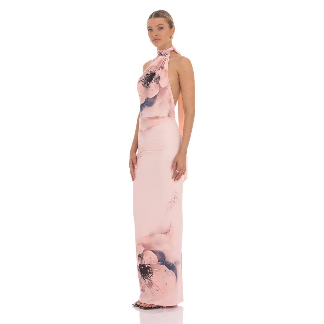 Mesh Floral Scarf Strap Maxi Dress in Pink